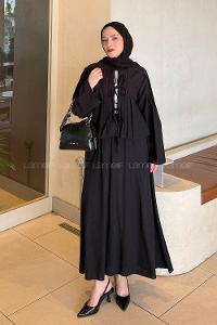 Black Crew Neck Long Arm Linen Flared Skirt Suit