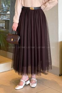 Lamelif Pileli Kemerli Tül Etek Acı Kahve