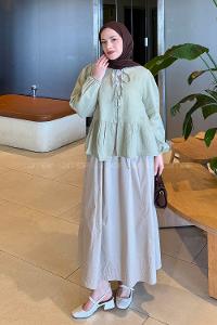 Lamelif V Yaka Kolları Lastikli Müslin Tesettür Gömlek Çağla Yeşili