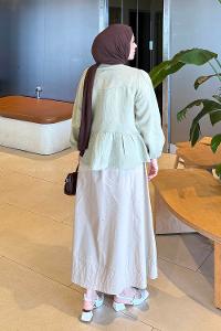 Lamelif V Yaka Kolları Lastikli Müslin Tesettür Gömlek Çağla Yeşili