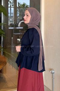 Lamelif V Yaka Kolları Lastikli Müslin Tesettür Gömlek Lacivert