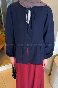 Lamelif V Yaka Kolları Lastikli Müslin Tesettür Gömlek Lacivert