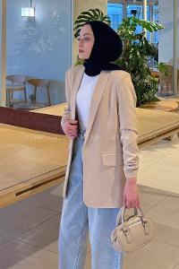 Modalamelif Kolu Büzgü Detaylı Blazer Ceket Bej