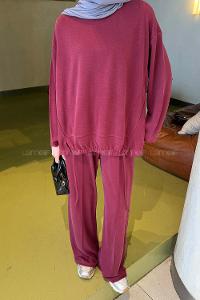 Claret Red Crew Neck Long Arm Cotton Regular Trousers Comfortable Suit