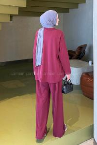 Claret Red Crew Neck Long Arm Cotton Regular Trousers Comfortable Suit