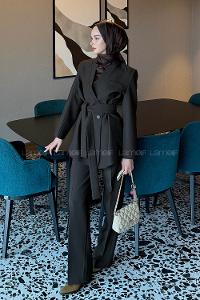 Lamelif Bağlama Detaylı Ceket-Pantolon Takım Kahverengi