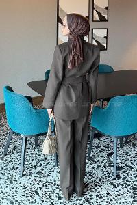 Lamelif Bağlama Detaylı Ceket-Pantolon Takım Kahverengi