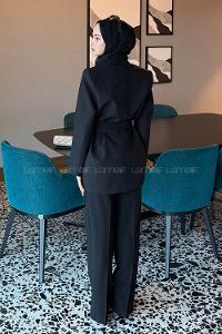 Lamelif Bağlama Detaylı Ceket-Pantolon Takım Siyah