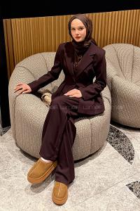 Lamelif Belden Oturtmalı Ceket-Pantolon Takım Mürdüm