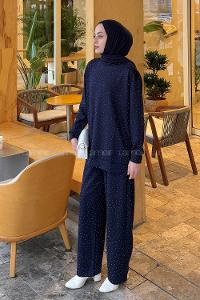 Lamelif Bisiklet Yaka Taş Detaylı Takım Lacivert