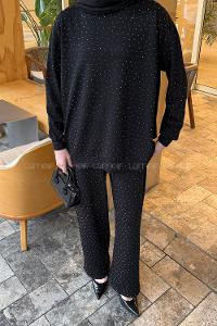 Lamelif Bisiklet Yaka Taş Detaylı Takım Siyah