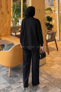 Lamelif Bisiklet Yaka Taş Detaylı Takım Siyah