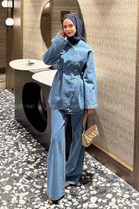 Light Blue V Neck Long Arm Denim Regular Trousers Denim Suit