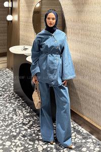 Light Blue V Neck Long Arm Denim Regular Trousers Denim Suit
