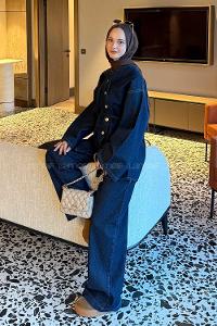 Dark Blue V Neck Long Arm Denim Regular Trousers Denim Suit