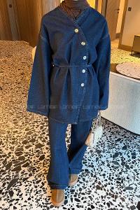 Dark Blue V Neck Long Arm Denim Regular Trousers Denim Suit