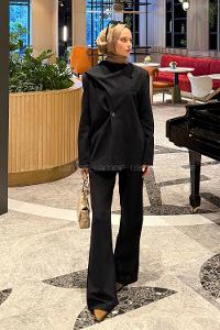 Black Crew Neck Long Arm Atlas Regular Trousers Material Suit