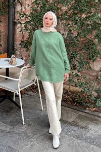 Plum Green Shirt Collar Long Arm Linen Shirt