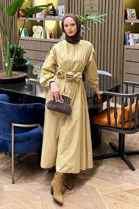 Beige Crew Neck Poplin Fabric Dresess