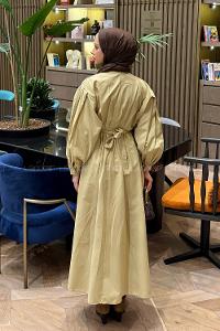 Beige Crew Neck Poplin Fabric Dresess