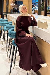 Lamelif Aksesuar Detaylı Tesettür Elbise Bordo