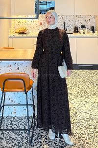 Lamelif Balon Kol Çiçek Baskılı Elbise Acı Kahve