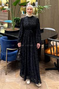 Lamelif Balon Kol Çiçek Baskılı Elbise Siyah