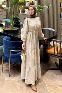 Lamelif Bel Büzgülü Tesettür Elbise  Sütlü Kahve
