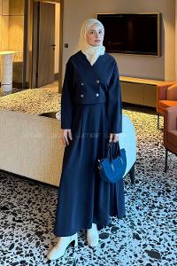Navy Blue V Neck Long Arm Polyester Flared Skirt Suit