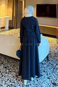 Navy Blue V Neck Long Arm Polyester Flared Skirt Suit