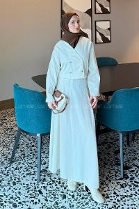 Stone V Neck Long Arm Polyester Flared Skirt Suit