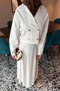 Stone V Neck Long Arm Polyester Flared Skirt Suit