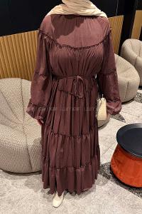 Lamelif Fırfır Detaylı Tesettür Elbise Acı Kahve