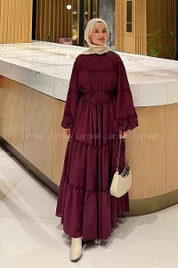Lamelif Fırfır Detaylı Tesettür Elbise Patlıcan Moru