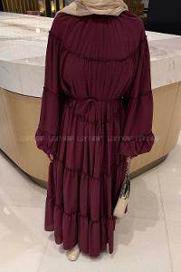 Lamelif Fırfır Detaylı Tesettür Elbise Patlıcan Moru