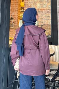 Lamelif Geniş Yakalı Biyeli Gömlek Mürdüm