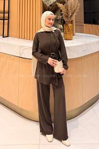 Lamelif Gold Toka Detaylı Tesettür Takım Acı Kahve