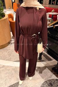 Lamelif Gold Toka Detaylı Tesettür Takım Bordo