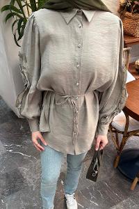 Lamelif Kol Fırfırlı Tesettür Gömlek Haki