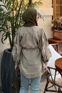 Lamelif Kol Fırfırlı Tesettür Gömlek Haki