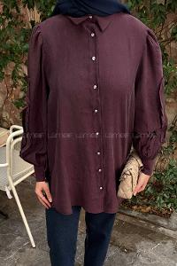 Lamelif Kol Fırfırlı Tesettür Gömlek Mürdüm