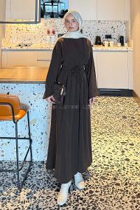 Lamelif Nora Bağcıklı Tesettür Elbise Acı Kahve