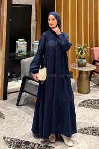 Lamelif Ön Yarım Düğme Detaylı Müslin Kumaş Tesettür Elbise Lacivert