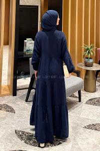 Lamelif Ön Yarım Düğme Detaylı Müslin Kumaş Tesettür Elbise Lacivert