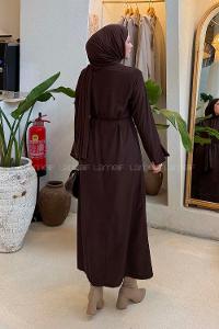 Lamelif Broş Detaylı Tesettür Elbise Acı Kahve