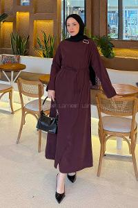 Lamelif Broş Detaylı Tesettür Elbise Bordo