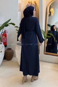 Lamelif Broş Detaylı Tesettür Elbise Lacivert
