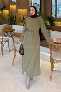 Lamelif Broş Detaylı Tesettür Elbise Yağ Yeşili