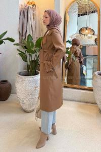 Lamelif Klasik Kuşaklı Trenç Soft Taba