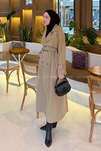 Lamelif Kol Kemerli Trençkot Camel